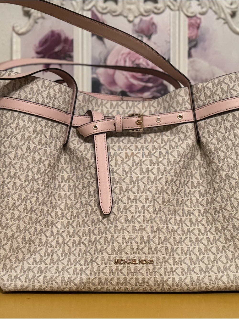 Michael Kors Beige and Light Pink MK Logo Tote
